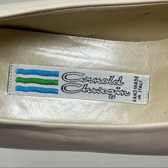 Arnold Churgin Beige Leather Pumps Gold Bar Block Heel Women's 5-1/2B Off-White - Picture 9 of 9